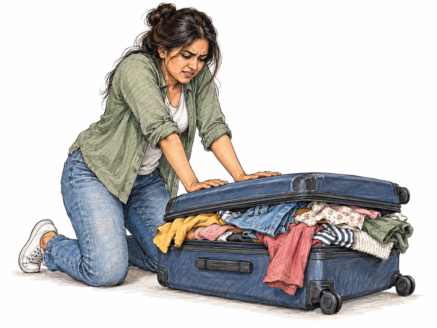 A woman tries to close a suitcase packed with far too many clothes: the lid remains visibly raised by a mound of clothing despite her downward pressure.