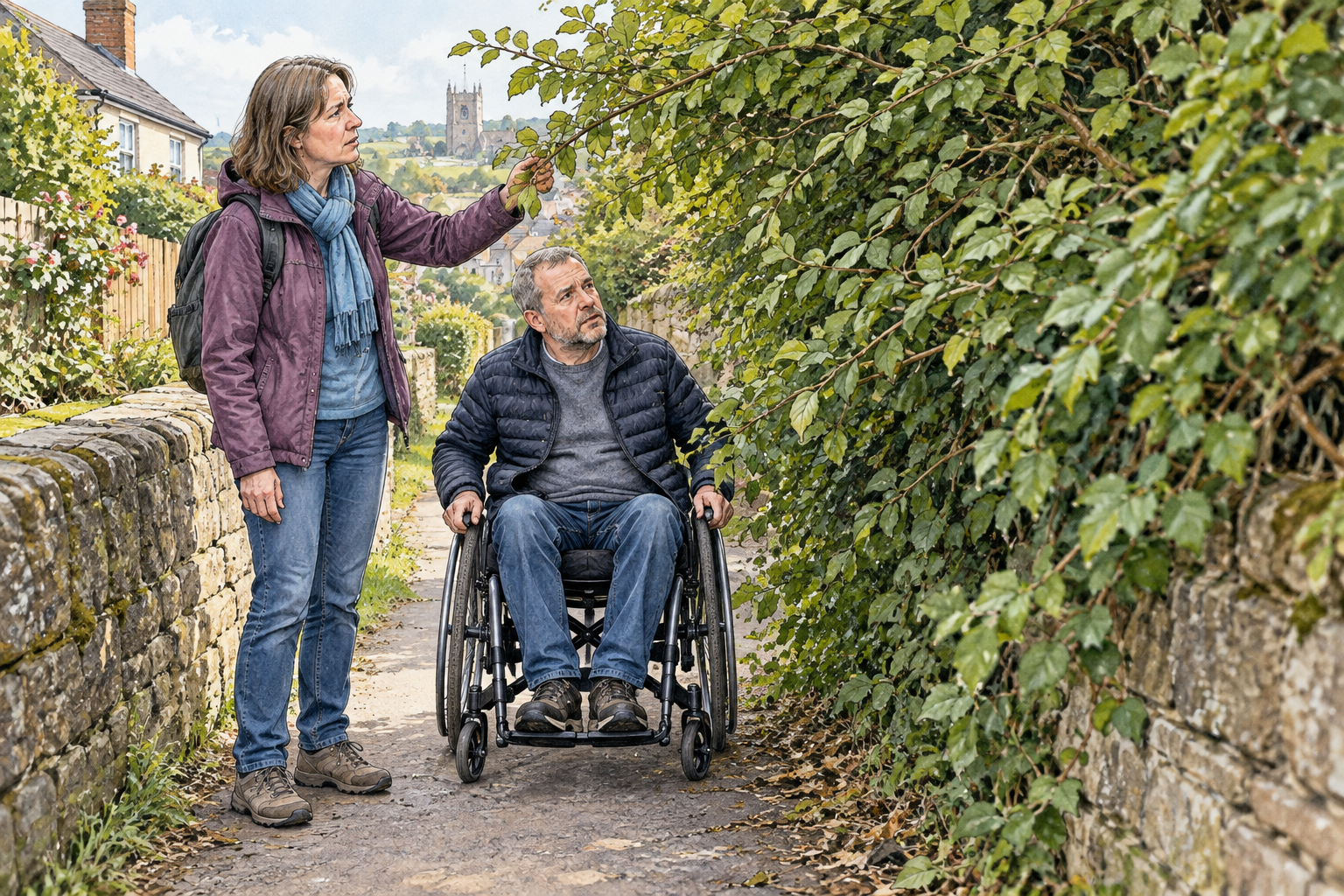 A neighbor's overgrown hedge intrudes far across a narrow public footpath, forcing an adult wheelchair user to pause at the narrowed passage while a companion looks at the obstructing branches.