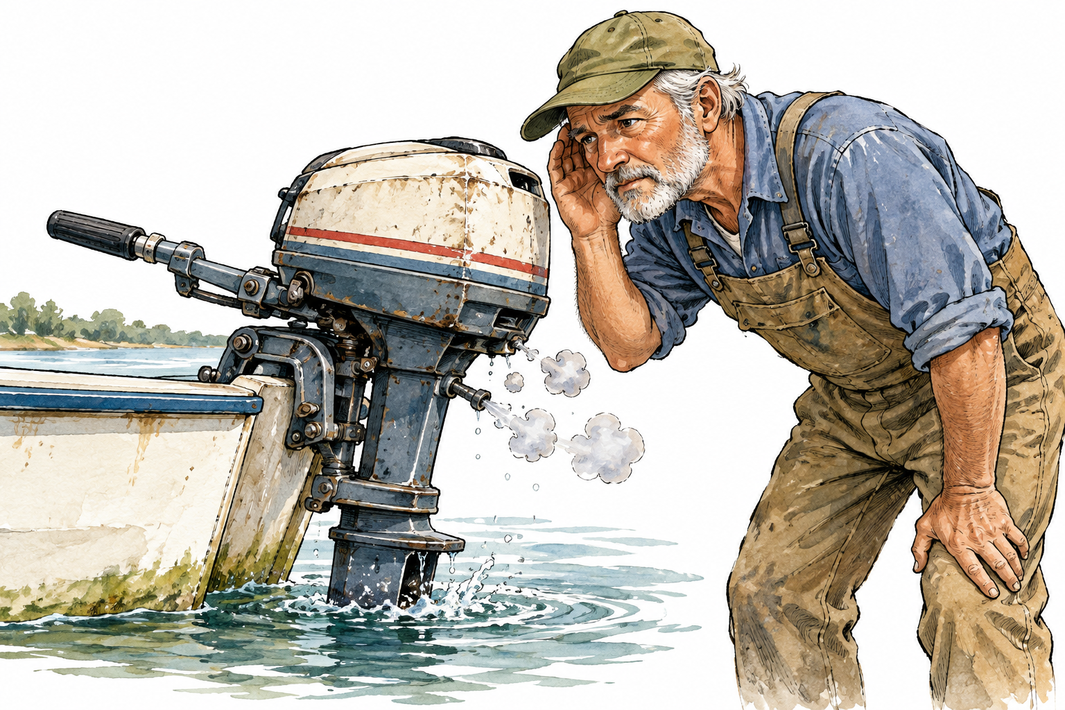 An old small outboard motor releasing irregular little puffs as it struggles to run, subtle motion and exhaust spurts, a mechanic listening, no lettering.