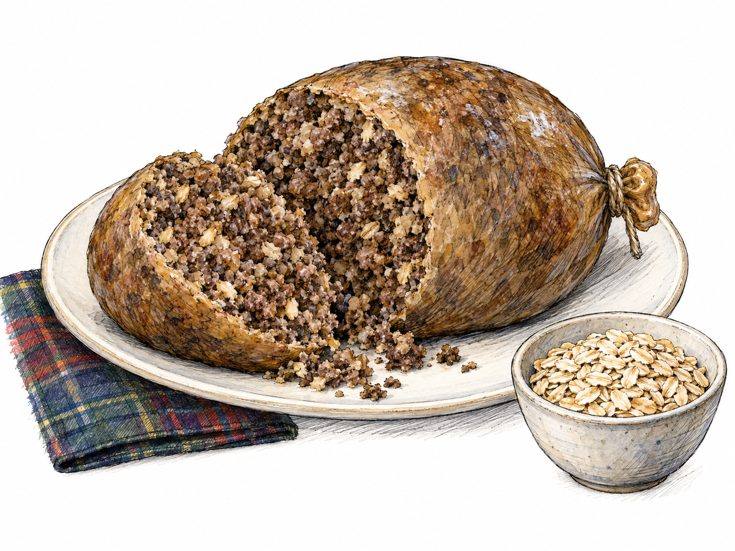 A cooked haggis in its rounded, tied casing, cut open on a plain plate to expose its coarse mixture of chopped organ meat and oats.