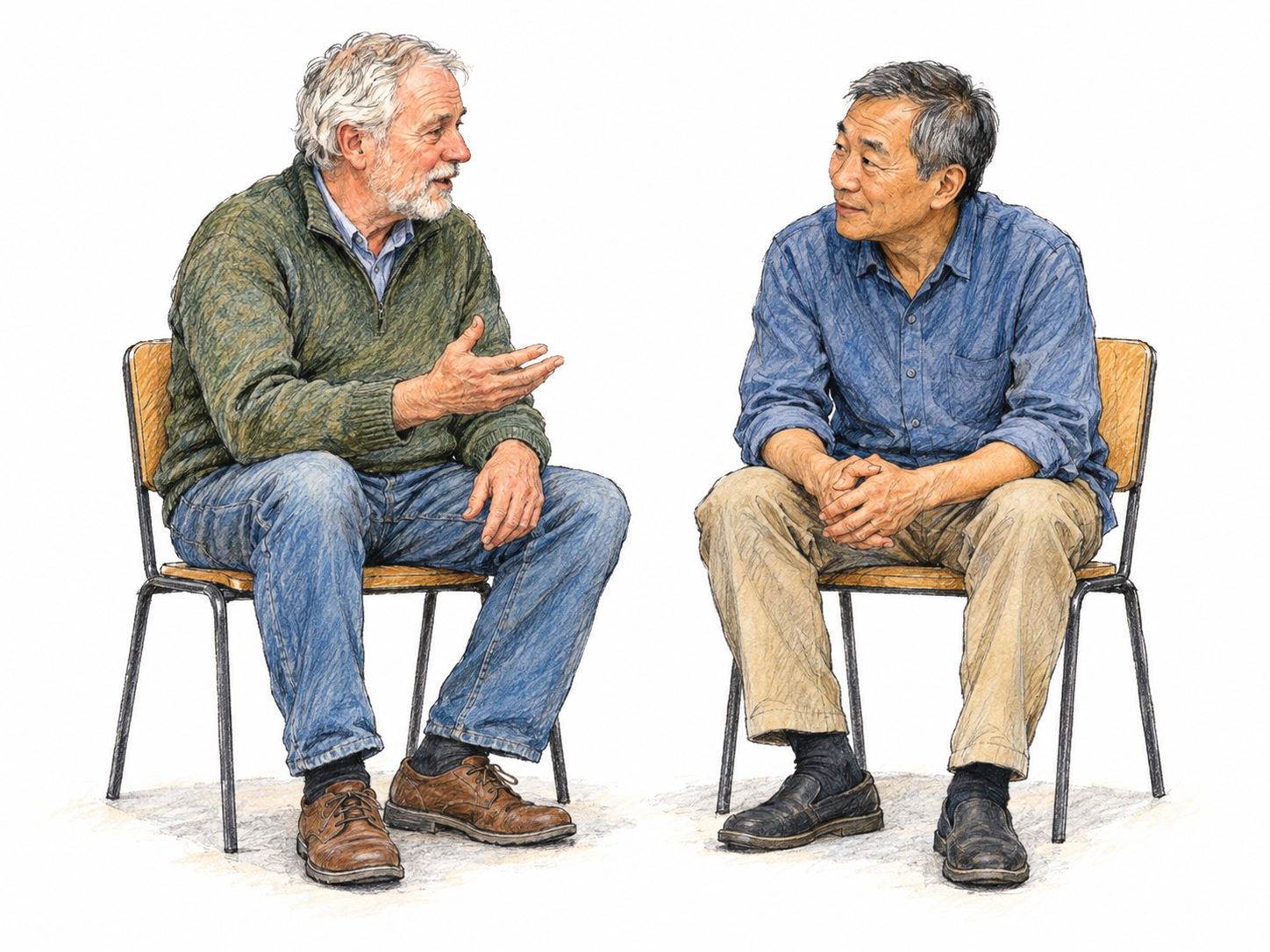 Two older men sit facing each other in an engaged conversation, one speaking with a small open-hand gesture while the other listens attentively.