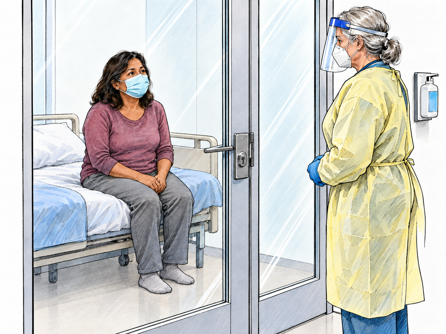A woman remains inside a closed glass hospital isolation room while a protective-clothed healthcare worker observes her from outside.