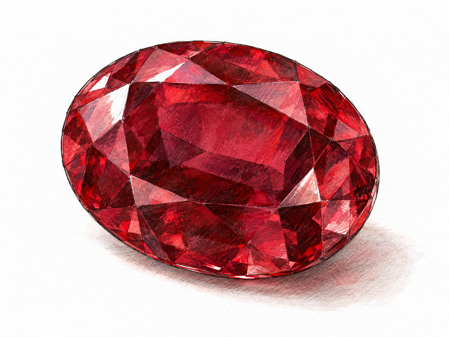 A single loose, expertly faceted ruby, with rich crimson color, translucent facets and small sharp highlights, resting on white ground.
