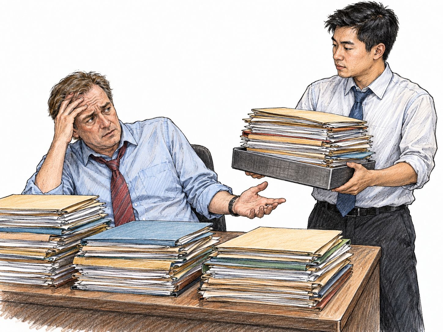 Repeated competing demands visibly wear down an overwhelmed office worker: he slumps with his forehead in one hand while a colleague presents another overflowing tray of work beside an already crowded desk.