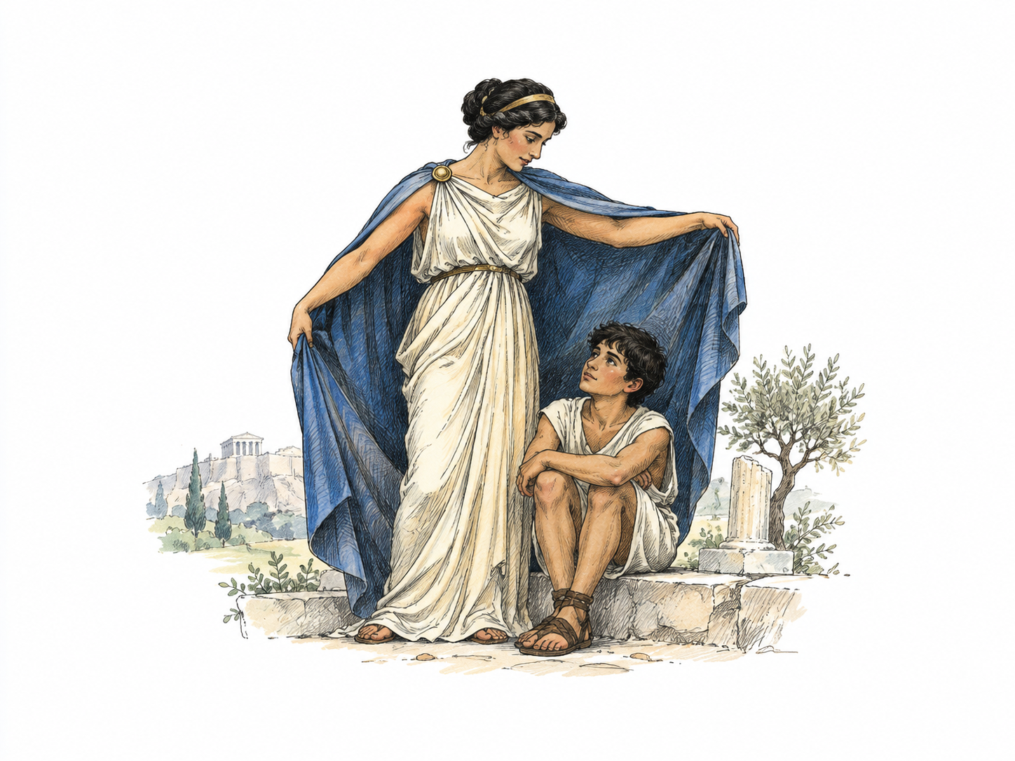 A small classical guardian figure shelters a younger person under a broad outstretched cloak, protective tutelary role symbolized respectfully, no supernatural glow or text.
