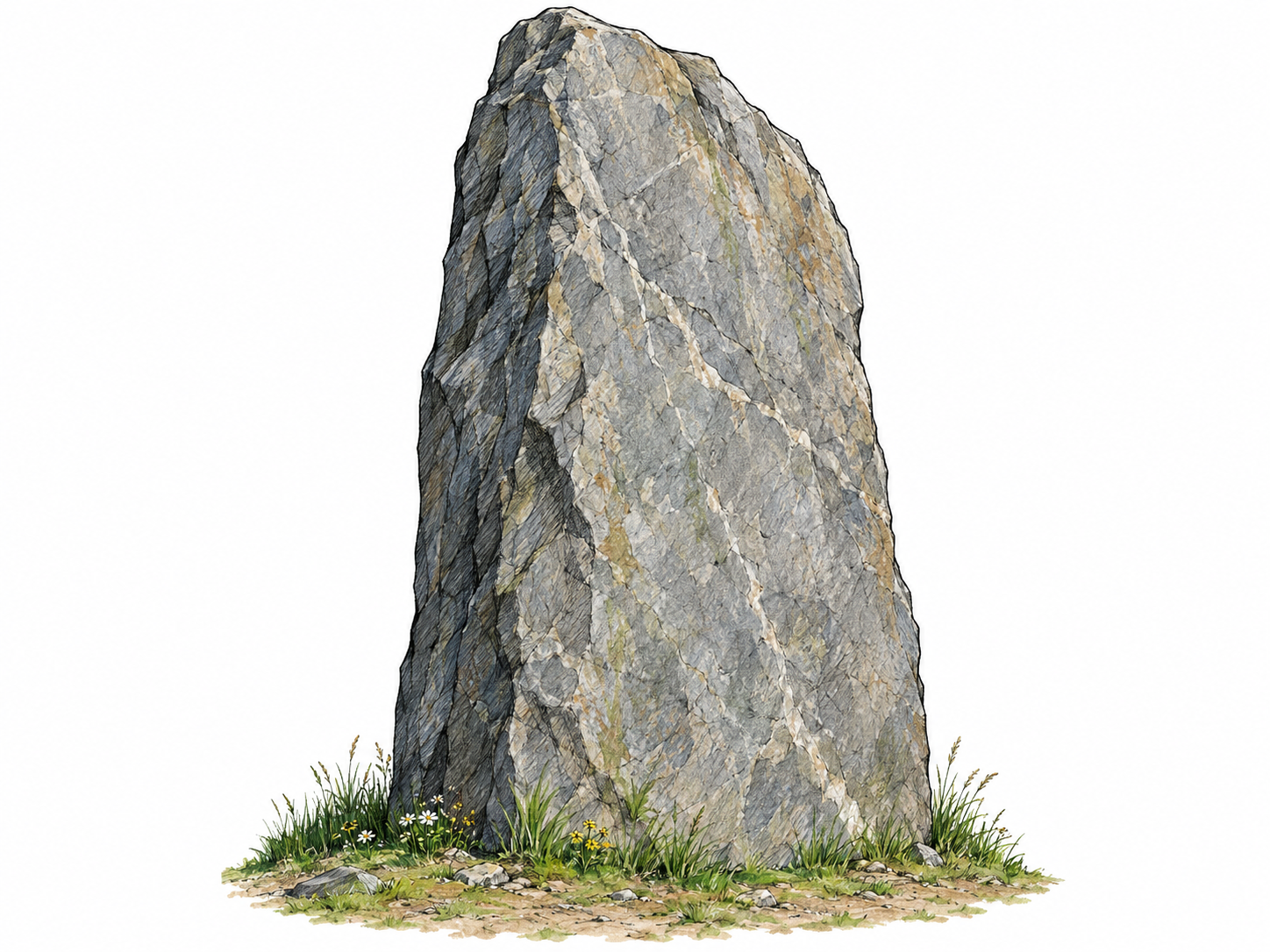 One enormous, unbroken upright stone rises from a small patch of grass, with tiny wildflowers at its base providing natural scale.