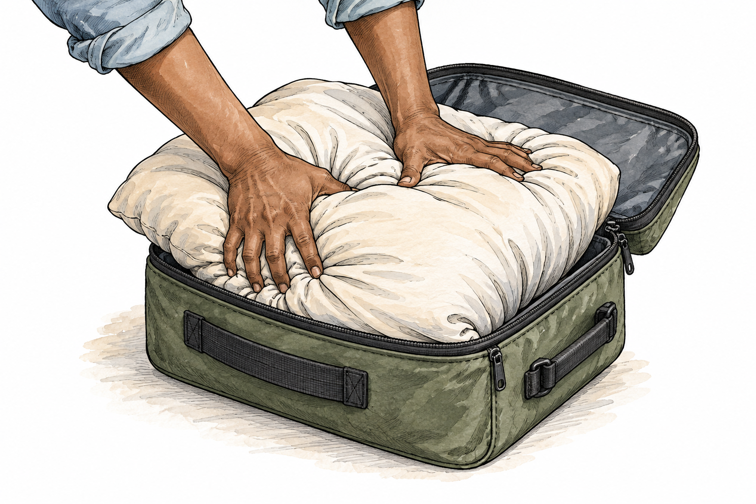 Two hands pressing a bulky soft pillow into a small open travel bag, compressed fabric visibly squeezed inward.