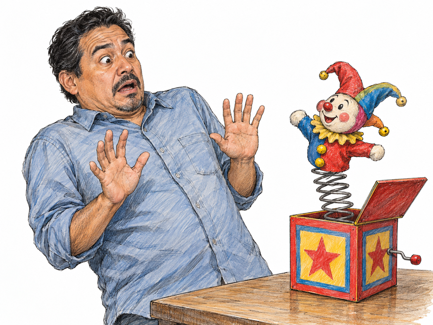 A man recoils in startled surprise as a jack-in-the-box springs open on the table directly in front of him.