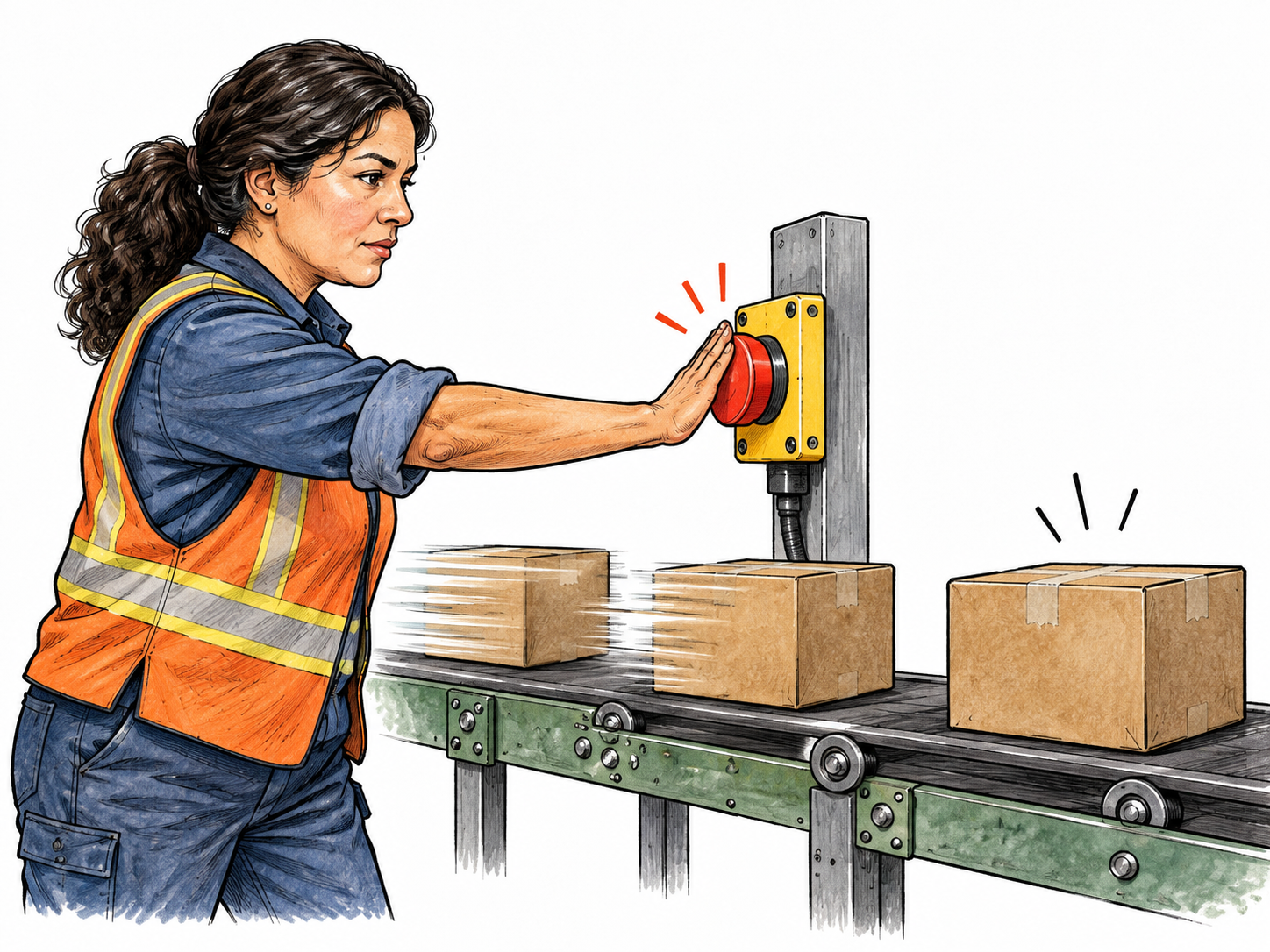 Worker presses a large stop switch and a conveyor belt of boxes comes to a halt; motion strokes stop at the switch action.