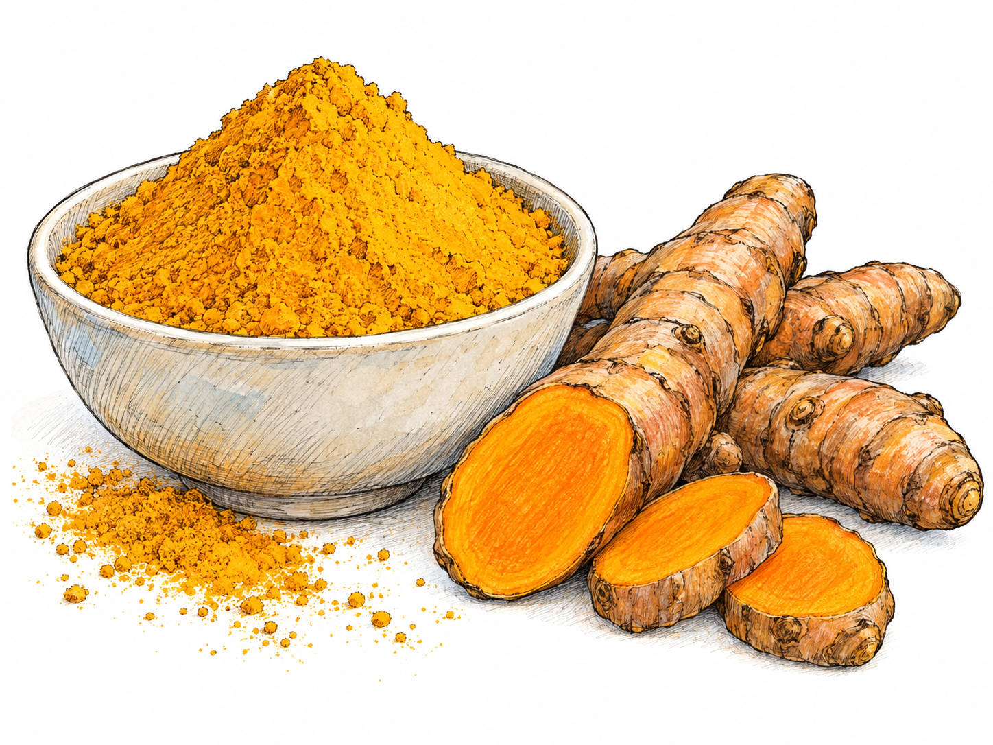 A small bowl of golden-yellow turmeric powder beside knobbly turmeric rhizomes, one cut open to expose its vivid orange-yellow interior.