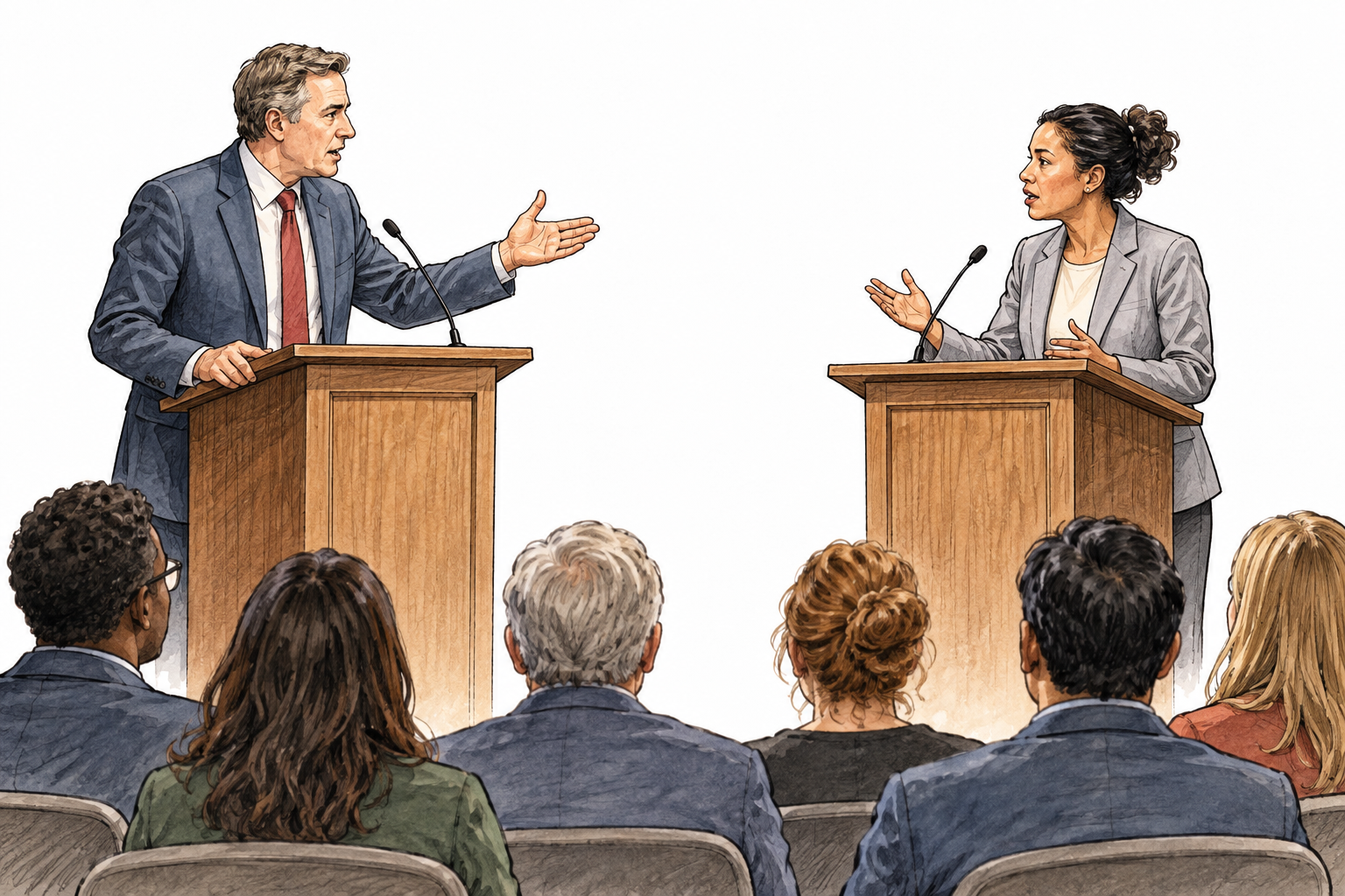 Two speakers at lecterns address each other's opposing arguments before a listening audience.