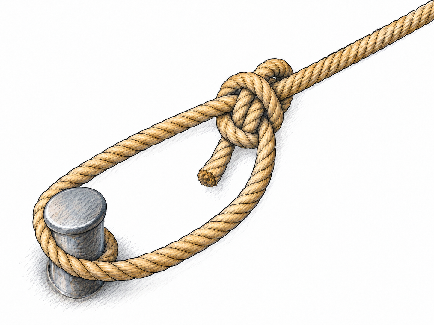 A close-up of a correctly tied bowline in a single rope, with its fixed loop pulling against a smooth anchor peg and its standing part taut.