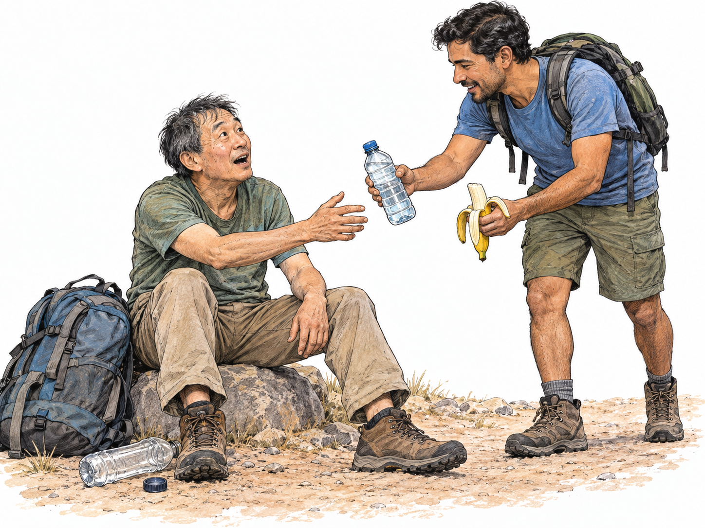 An exhausted hiker with an empty water bottle looks up in astonished relief as another hiker unexpectedly offers him water and food on a dry trail.
