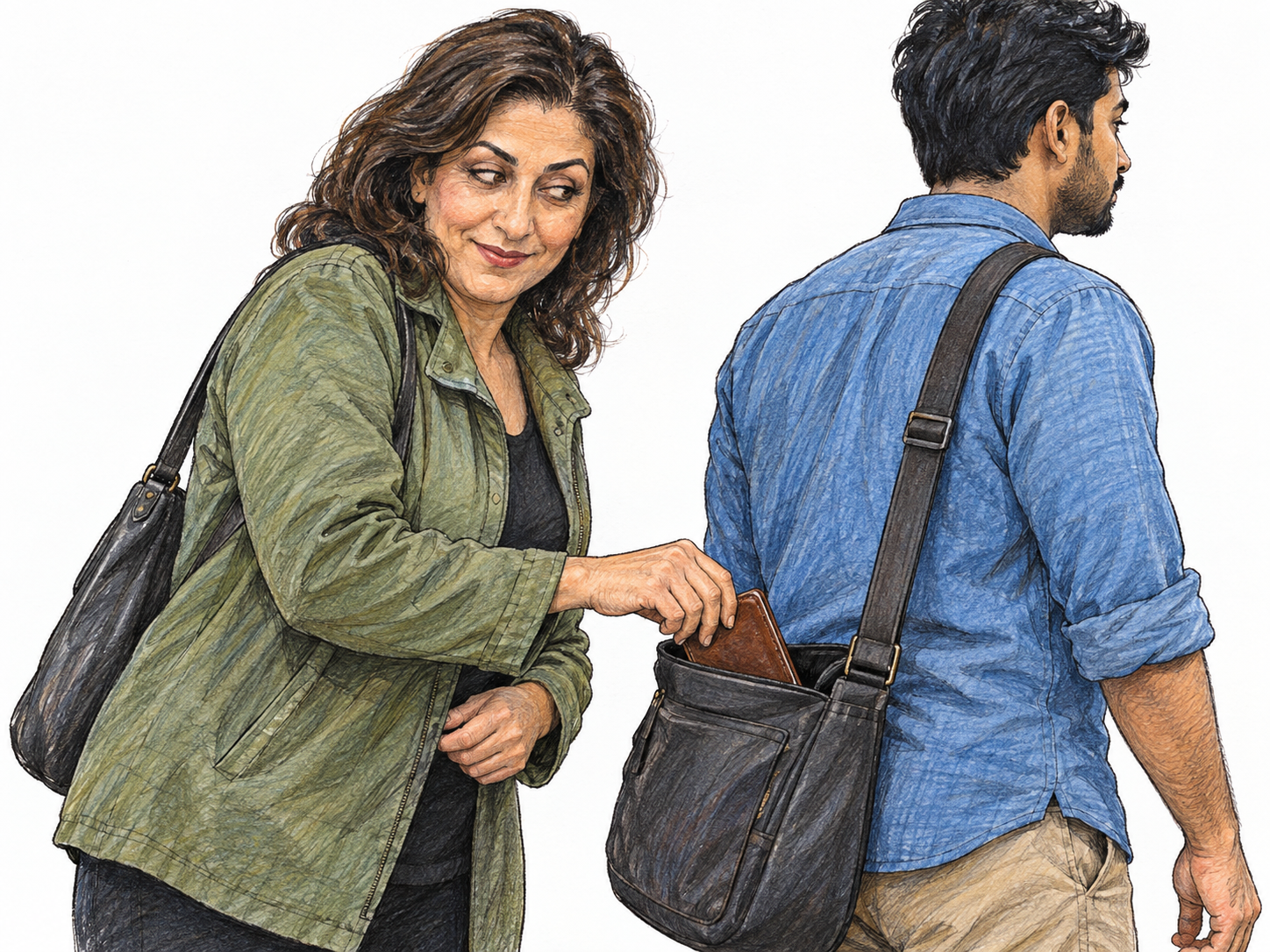 A sly pickpocket covertly lifts a wallet from an unsuspecting passerby's open shoulder bag, making the person's dishonesty visible through the action.