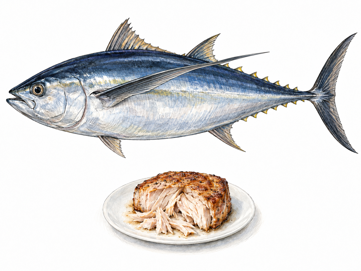 A whole albacore in clear side view, emphasizing its exceptionally long pectoral fin, beside a cut portion with pale cooked flesh exposed.