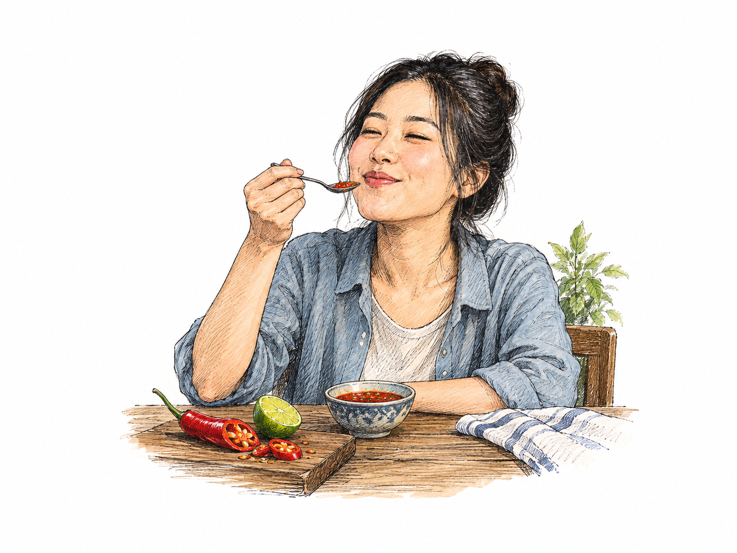 A diner tastes a small spoonful of bright pepper sauce and smiles at its pleasantly sharp flavor; a cut chili and lime beside the bowl make the piquant taste clear, no flames or symbols.