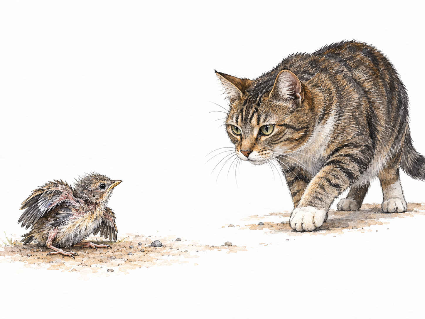 A tiny, downy fledgling stranded on open ground faces an approaching cat, with no shelter between them.