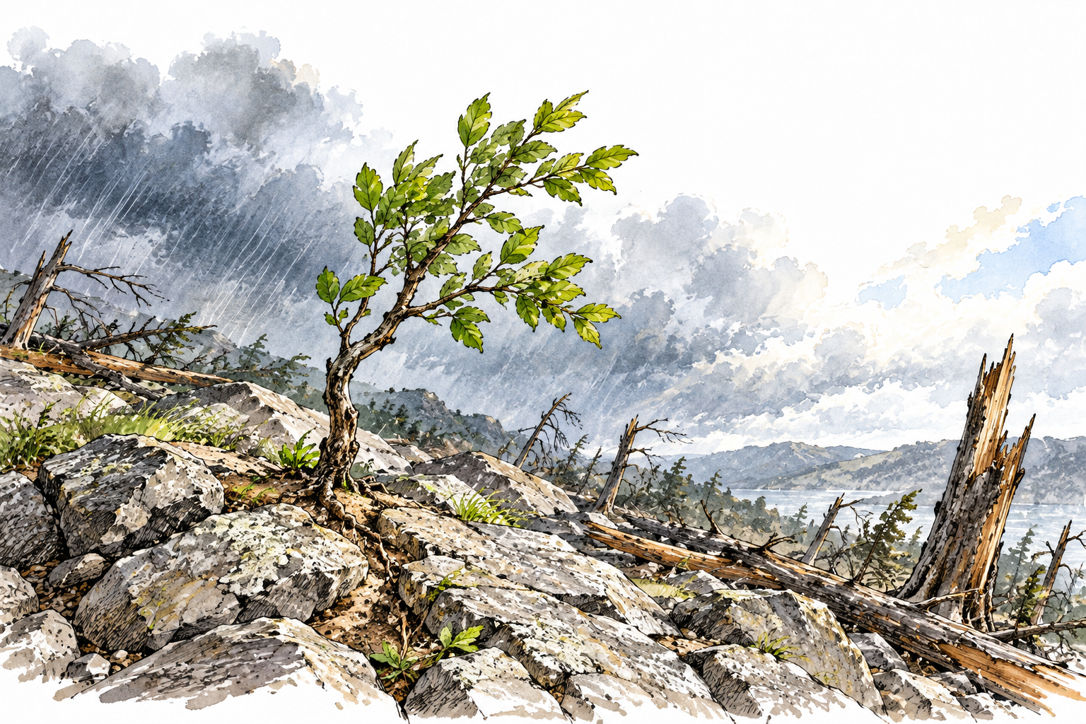 A small green tree survives amid a rocky storm-damaged landscape, resilient living growth.