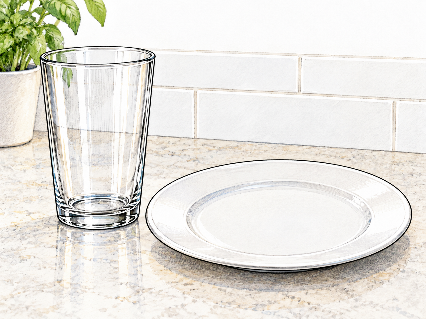 A spotless clear drinking glass and a bright white unmarked plate sit on a clean kitchen surface.