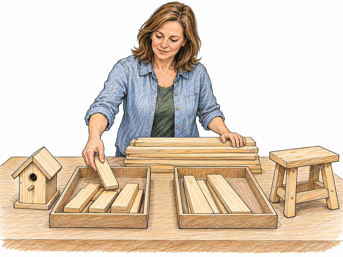 A workshop planner separates lumber from a common stock into two distinct project trays, one beside a small birdhouse model and the other beside a stool model.