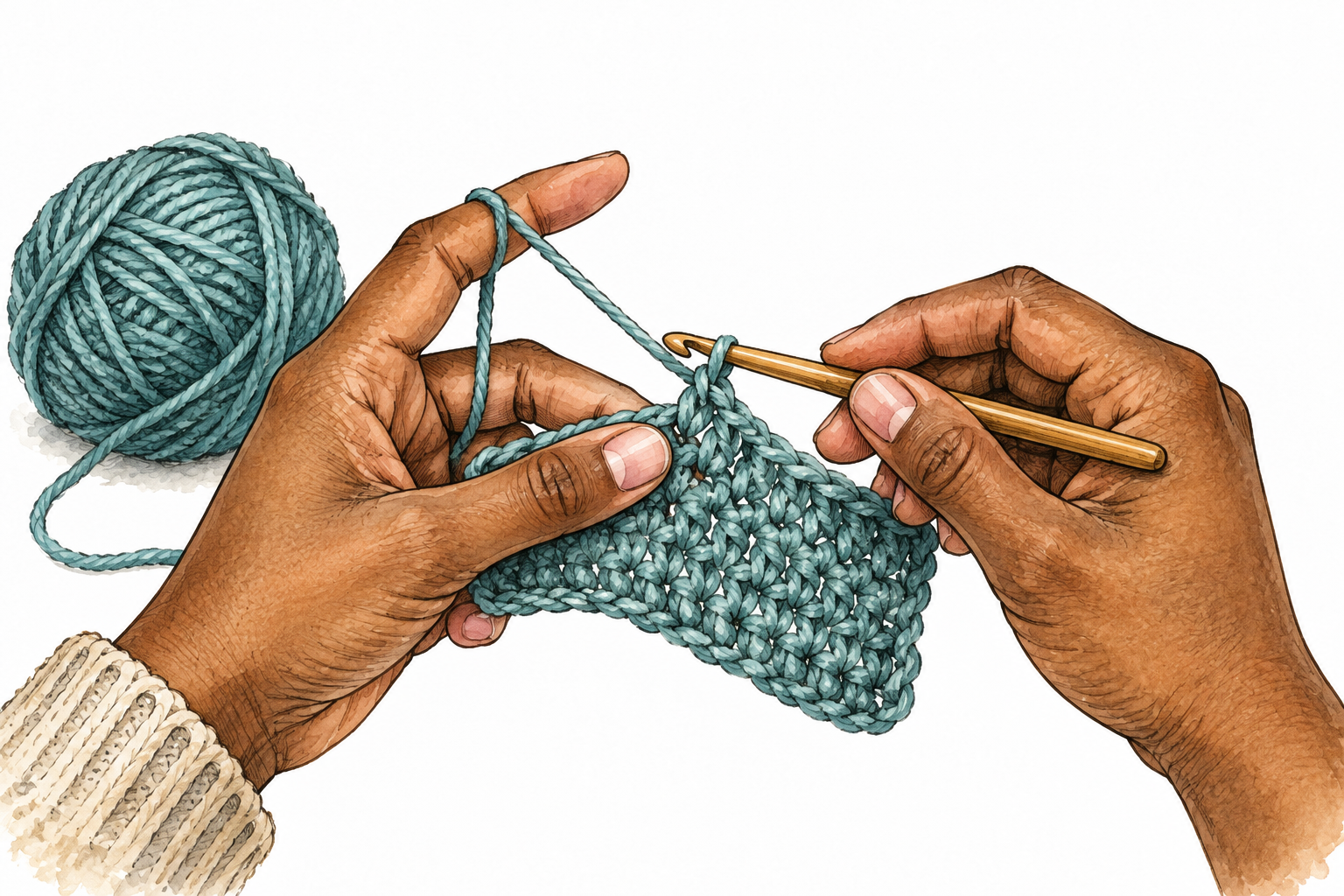 Hands use one hooked crochet needle to loop yarn through an emerging fabric piece, accurate crochet tool count.