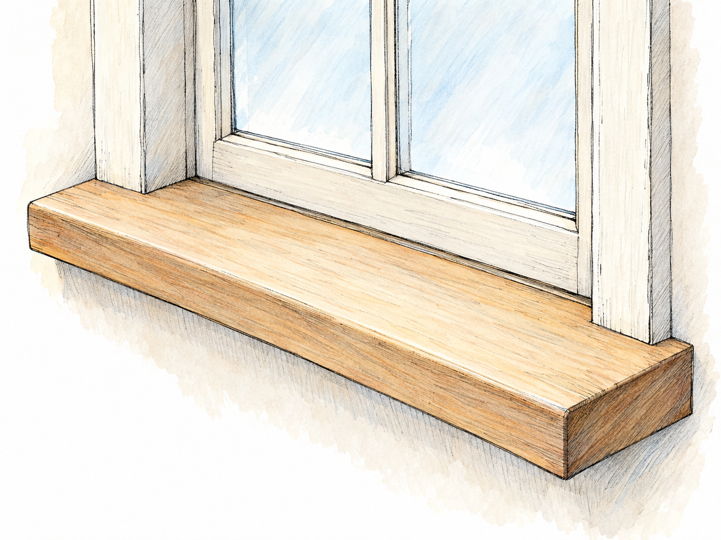 A close three-quarter view of a simple window, emphasizing the broad horizontal sill projecting beneath its lower frame.