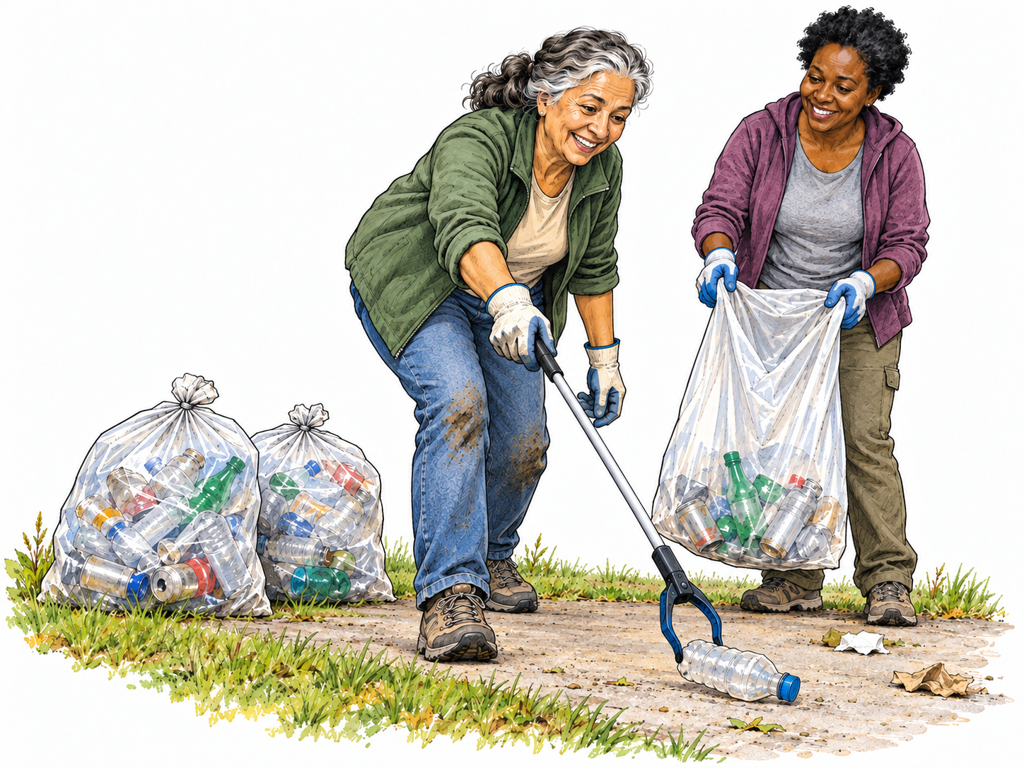 An enthusiastic volunteer throws herself into a litter cleanup, leaning eagerly toward another discarded bottle with her grabber despite already having filled several collection bags.