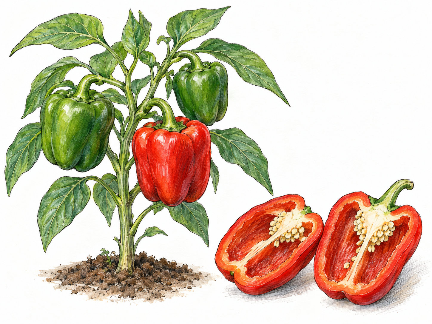 A compact pepper plant bearing glossy green and ripe red bell peppers, with one harvested red pepper cut lengthwise beside it to reveal the hollow interior and pale seeds.