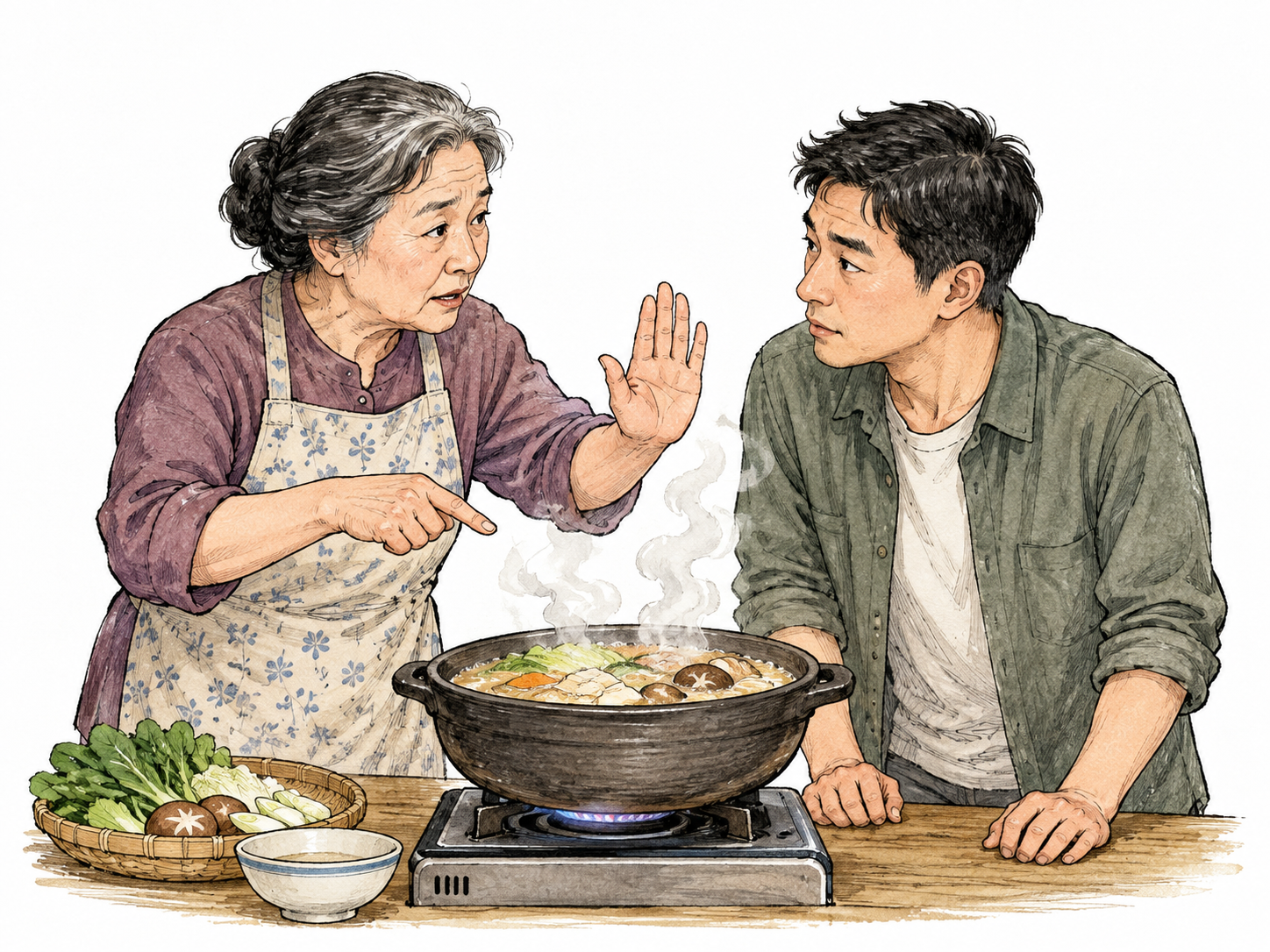 A parent gives earnest caution beside a hot cooking pot, adult listener attentive, raised warning hand and steam but no text.
