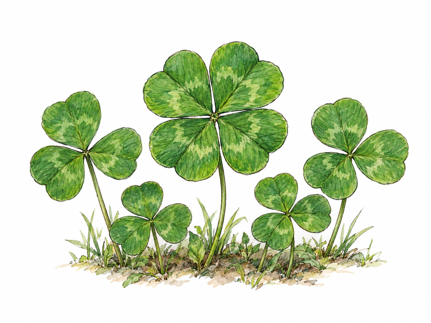 A single four-leaf clover stands out among ordinary three-leaf clovers, visibly the only one of its kind in the small patch.