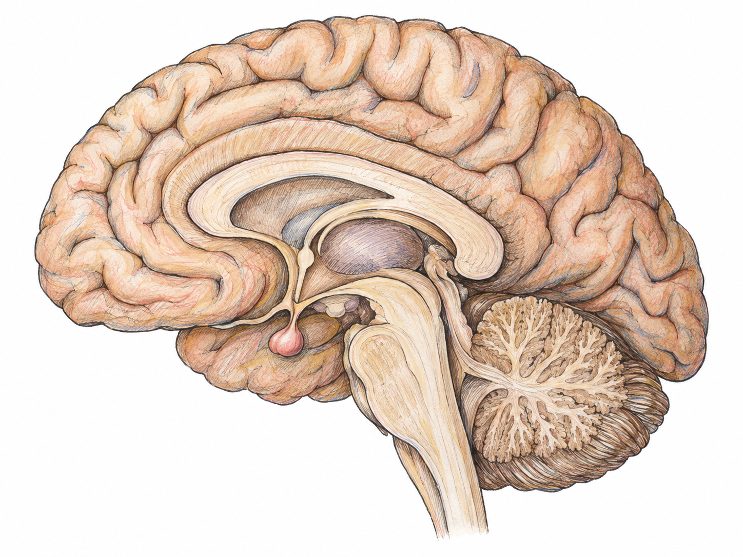 A simple isolated anatomical cutaway of the brain in side view, revealing the small pituitary gland suspended by its short stalk beneath the hypothalamus.