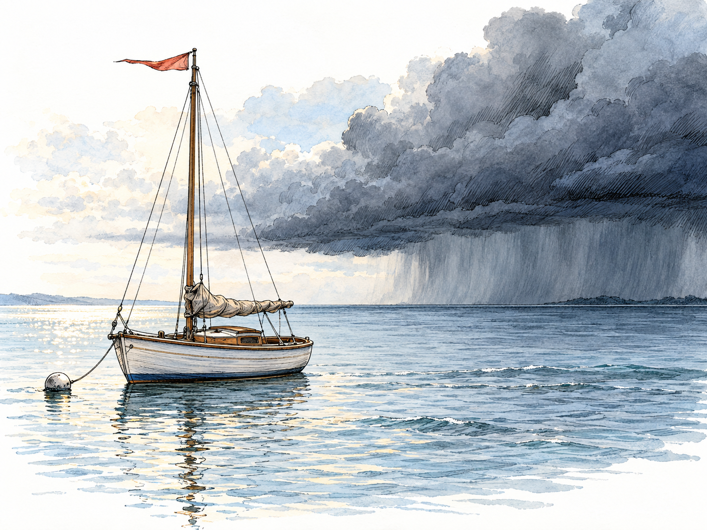An approaching bank of dark storm clouds looms over a small sailboat on still-sunlit water; a rising wind stretches its pennant and begins roughening the water.