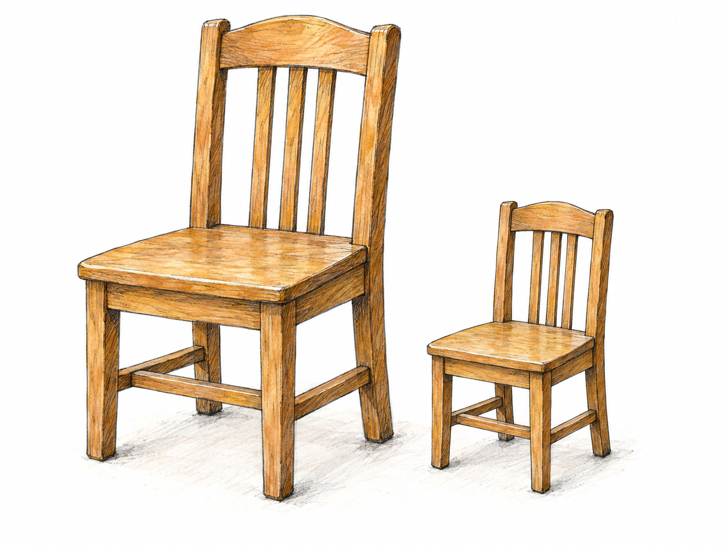 A full-size wooden chair beside a miniature replica, with the seat, back, legs and crossbars all reduced by the same factor, making balanced relative dimensions visibly comparable.