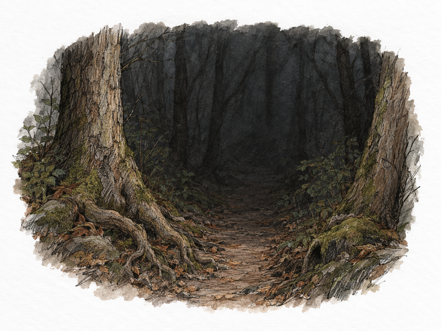 A narrow woodland path disappears into thick, dark gloom: nearby roots and trunks are readable, but trees only a short distance away dissolve into indistinct silhouettes.