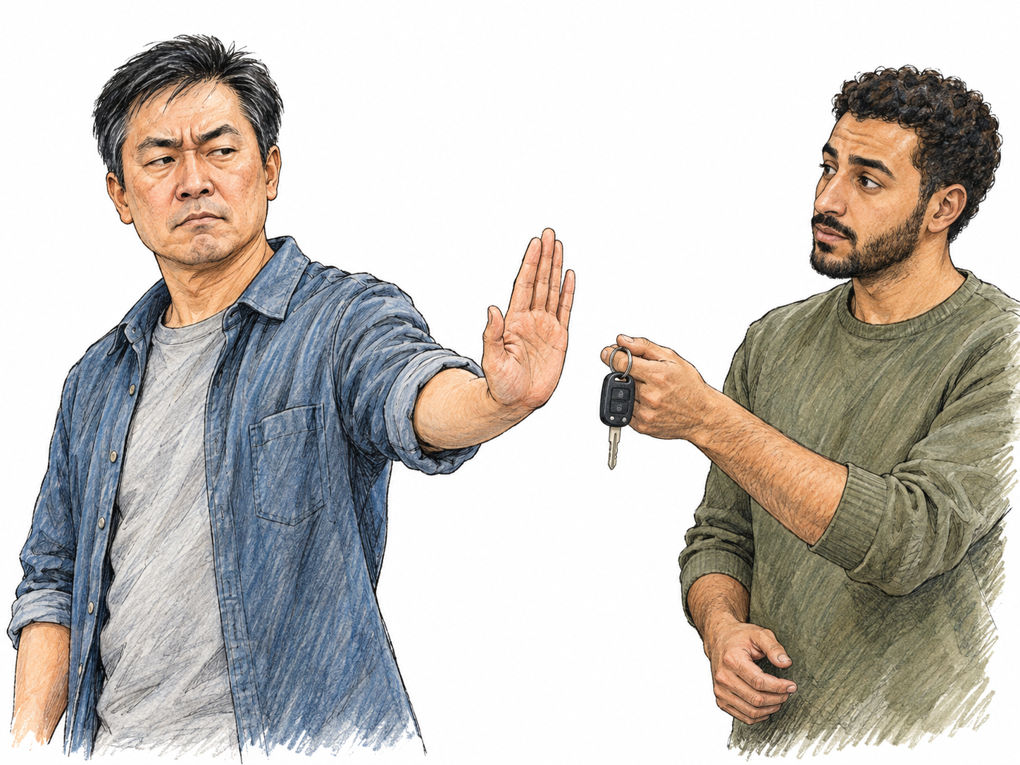 An emphatic refusal: a man firmly rejects an offered car key with a decisive outward-facing palm, a turned-away head, and an unmistakably resolute expression.