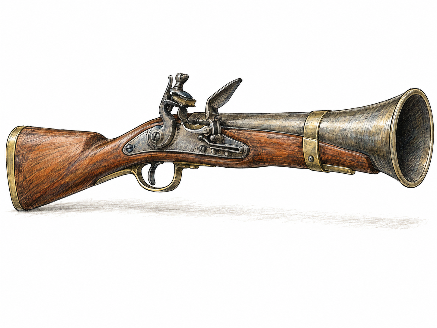 A single antique flintlock blunderbuss in three-quarter side view, emphasizing its short, broad barrel and conspicuously flared muzzle, with a wooden stock and visible lock mechanism.