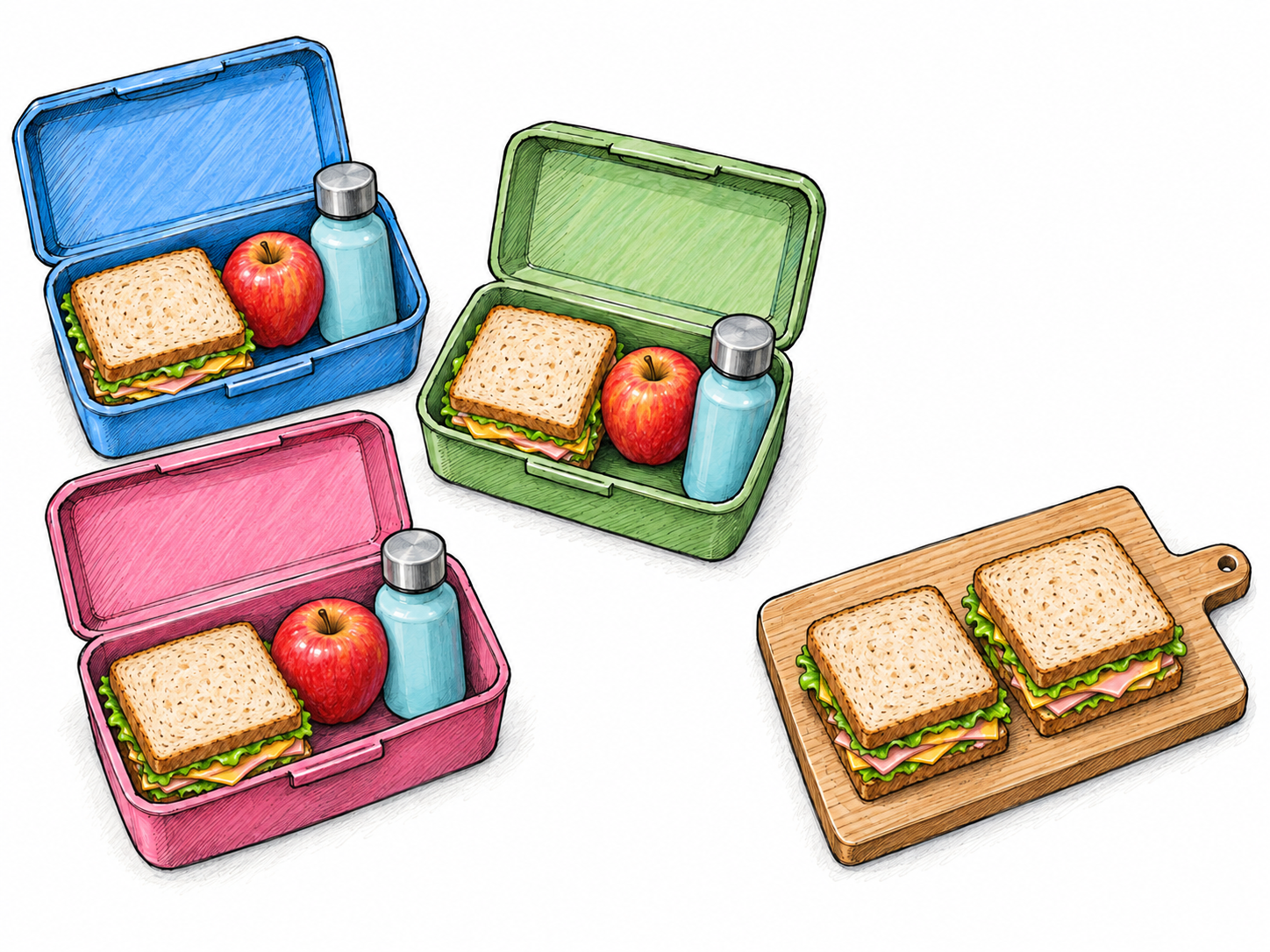 Three complete packed lunches sit together, each containing a sandwich, an apple, and a water bottle; two extra sandwiches remain on the preparation board beside them.