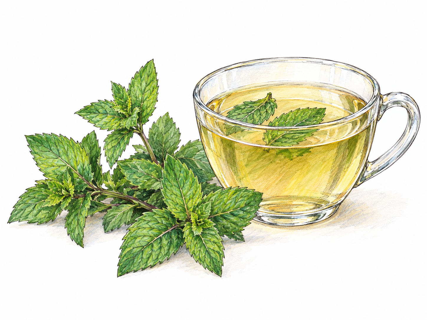 Fresh mint sprigs beside a clear cup of mint infusion, with a few mint leaves visible in the pale liquid, showing a drink made from useful plants.