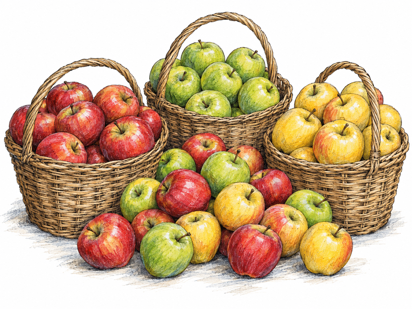 Three open baskets brimming with apples, with additional apples generously piled between them, making abundance immediately visible.