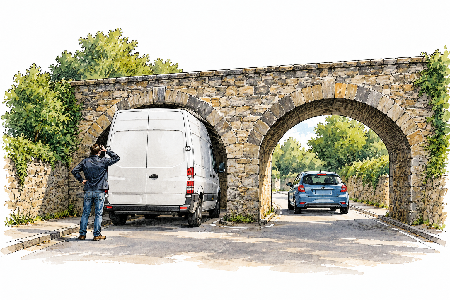 A tall delivery van cannot pass beneath a low solid stone arch while a small car passes easily through the adjacent matching arch; driver stands beside the van judging the physical clearance restriction.
