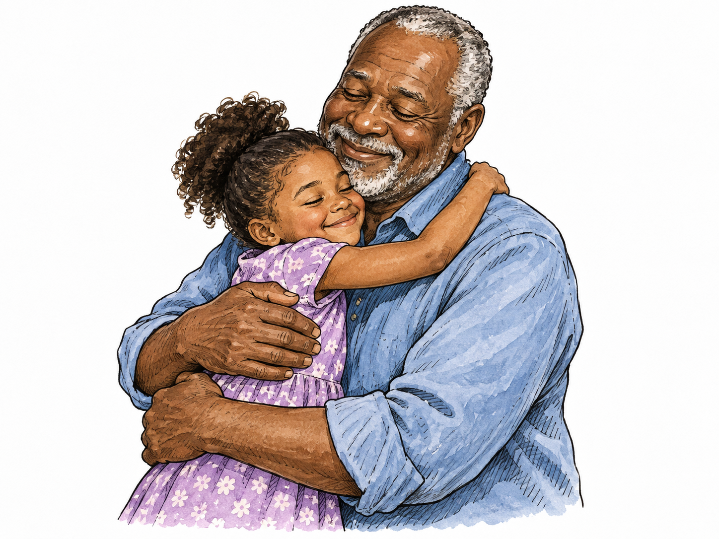 Black grandfather and granddaughter share a warm affectionate hug.