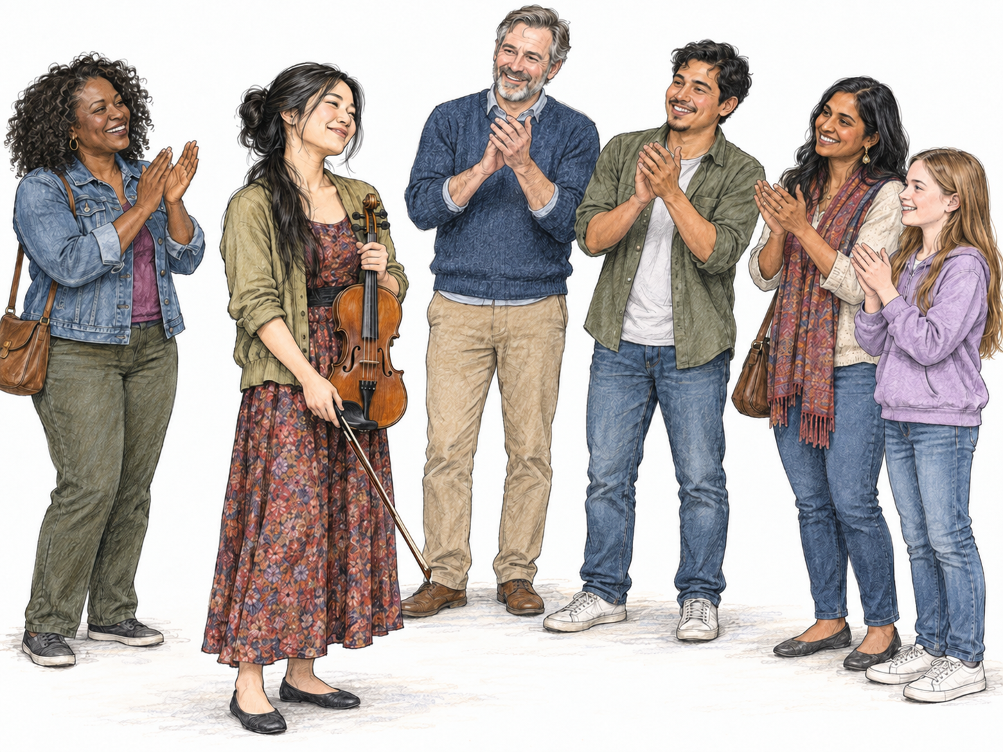 A street violinist finishes playing as five nearby listeners applaud warmly, clearly widely liked and supported; compact violinist and semicircle of listeners only, no signage or music notes.