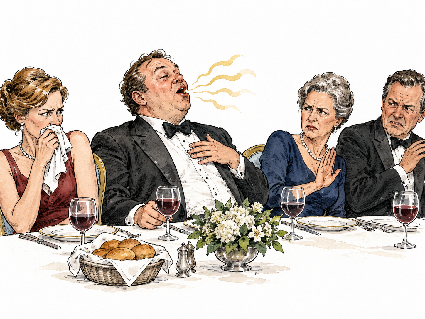 A crude guest belches loudly at a formal dinner while other guests react with distaste, no obscene text.