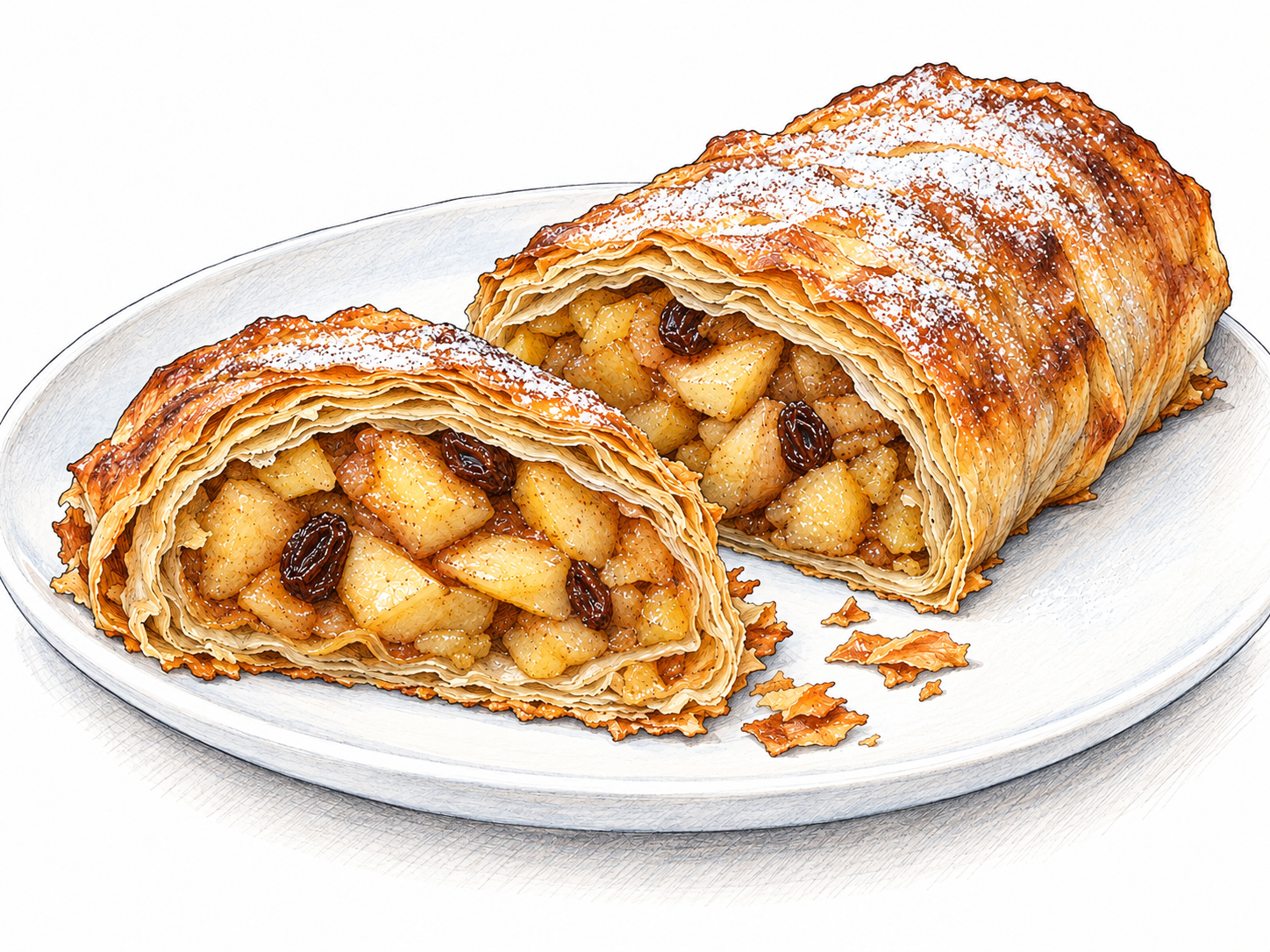 A baked apple strudel with one thick slice separated from the roll, exposing a thin, flaky dough wrapper around a generous apple-and-raisin filling.