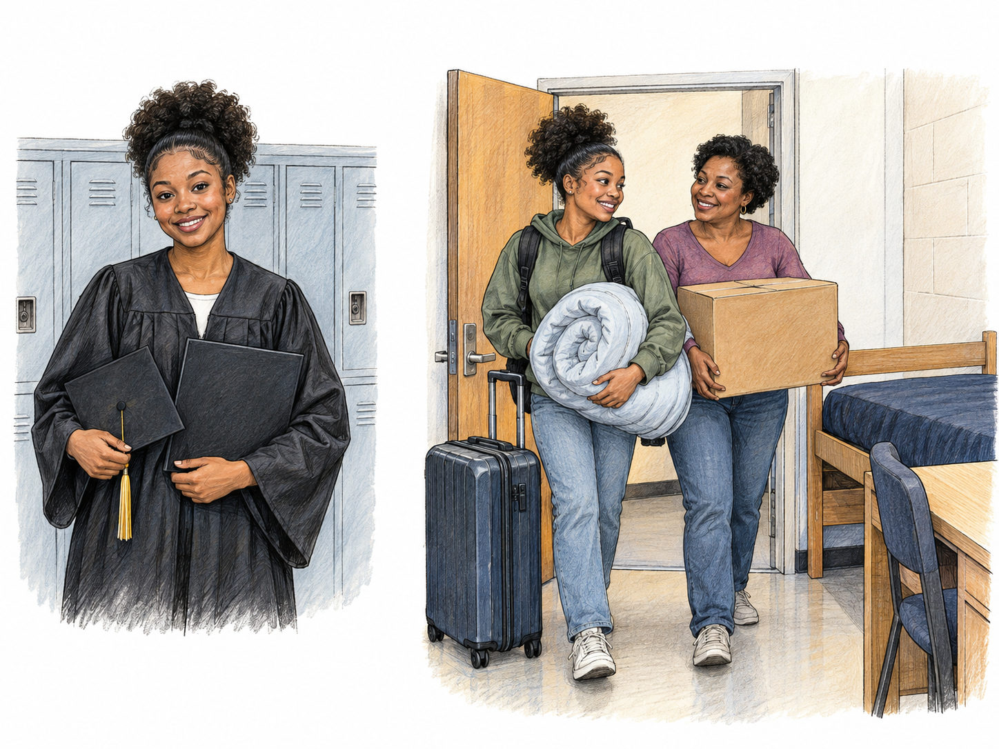 A compact two-scene transition from secondary-school graduation to first college move-in, following the same young student.