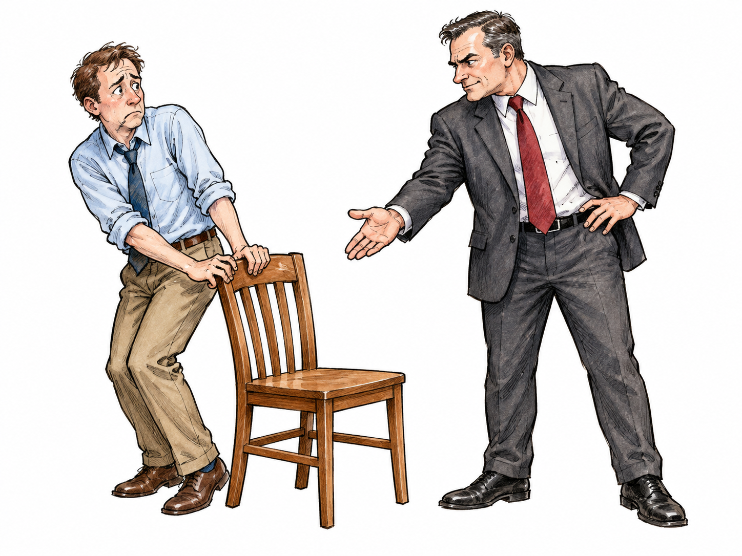 An adult timidly backs down and offers up their own chair when another adult gestures insistently; submissive behavior without demographic ridicule.