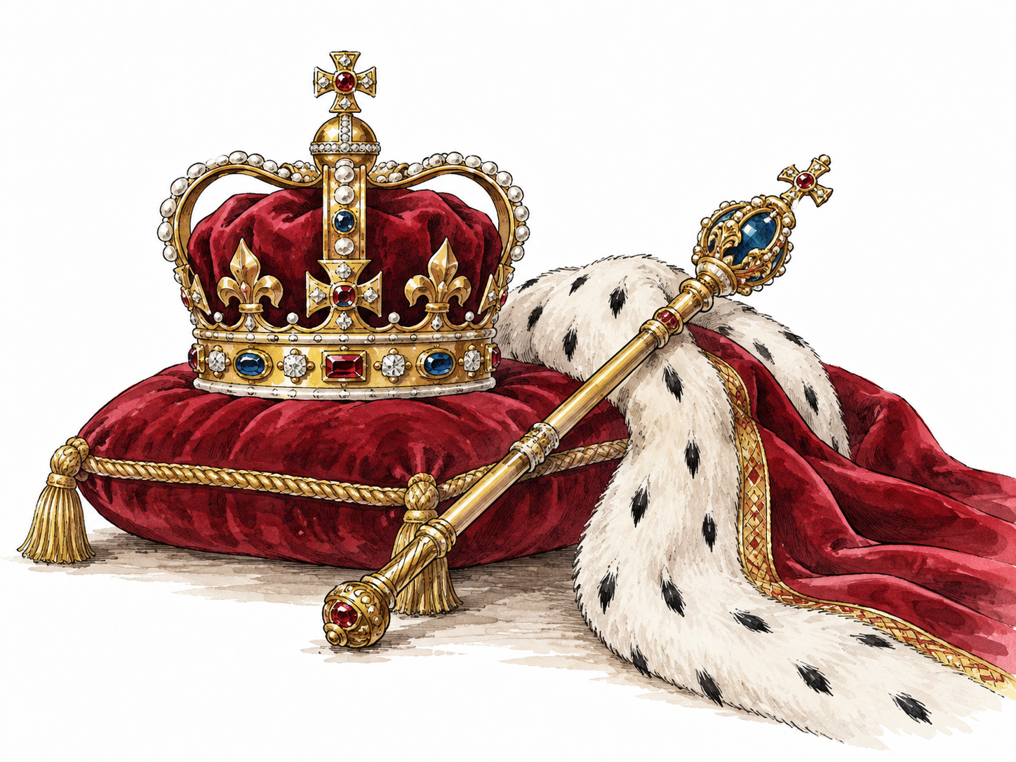 A royal crown, ceremonial scepter and rich robe displayed together.