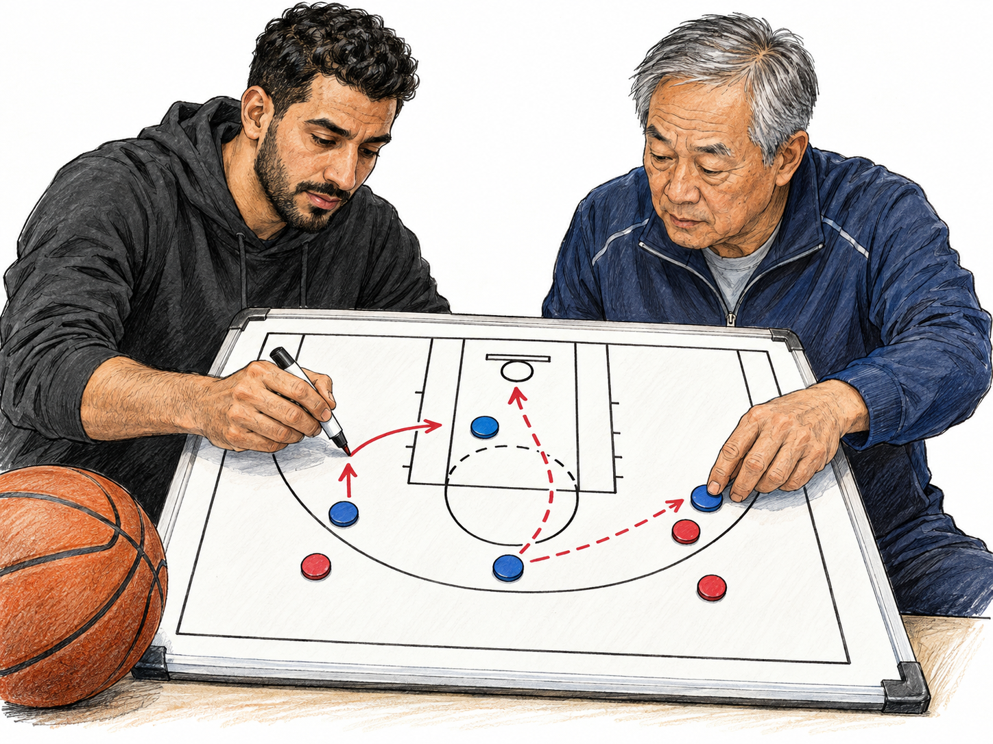 Two basketball coaches devise a coordinated attacking plan on a tactics board: several player markers and connected movement arrows converge on the basket, making the planned approach and its goal visible together.