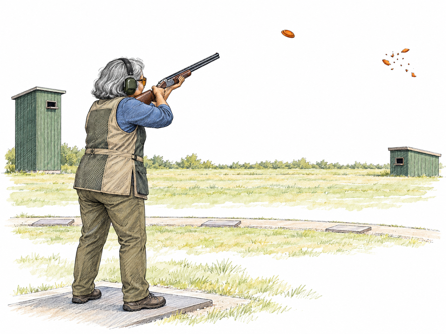 An older woman competes at a skeet range, shouldering a sporting shotgun toward airborne orange clay discs.