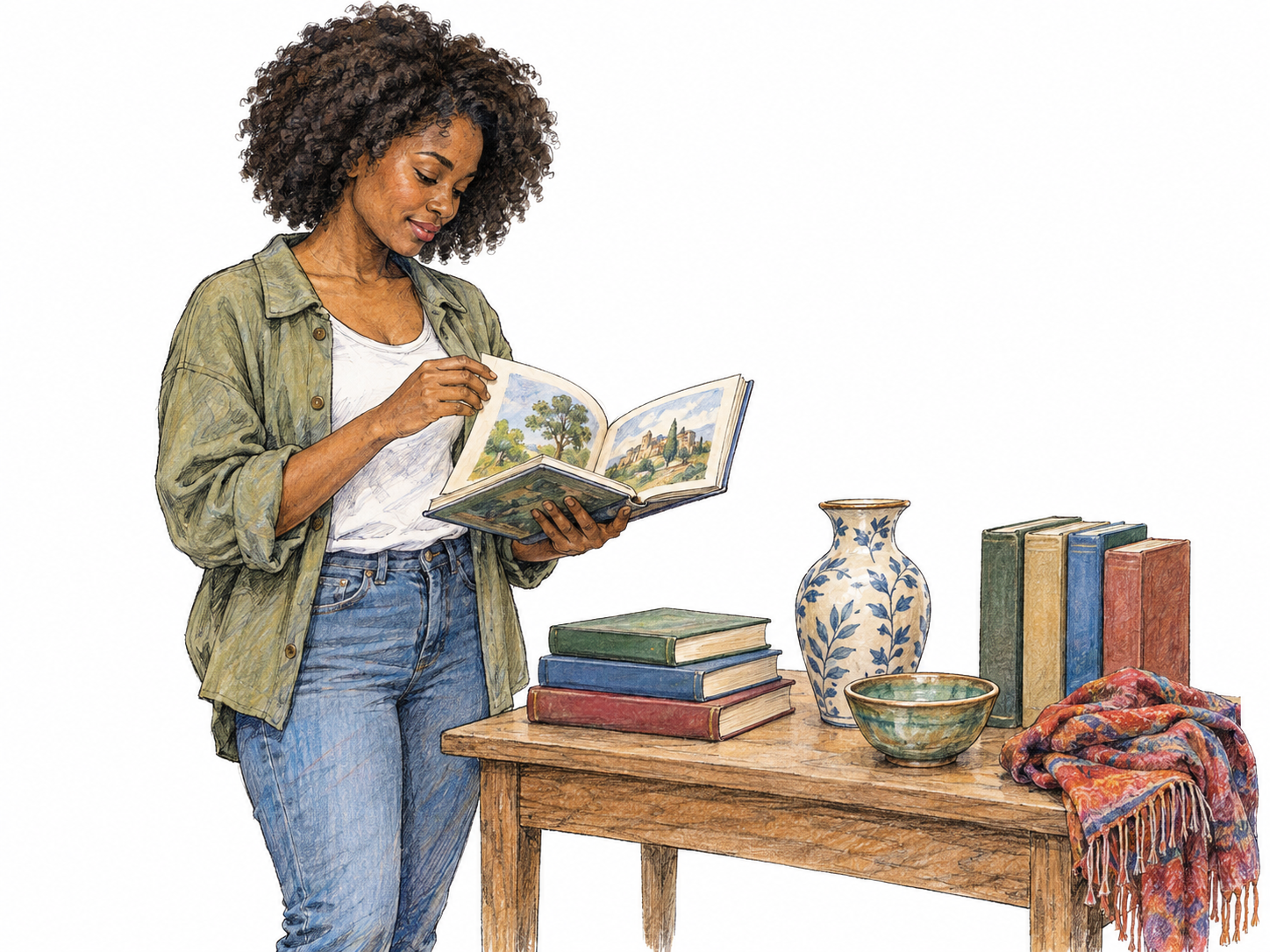 A woman looks through an open book beside secondhand books and objects.